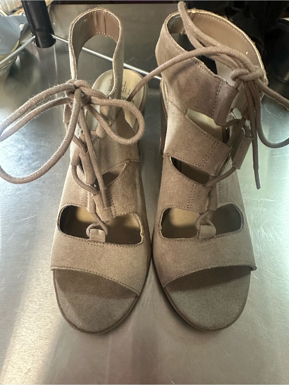 Women’s Lace-Up Suede Open-Toe Heels in Taupe